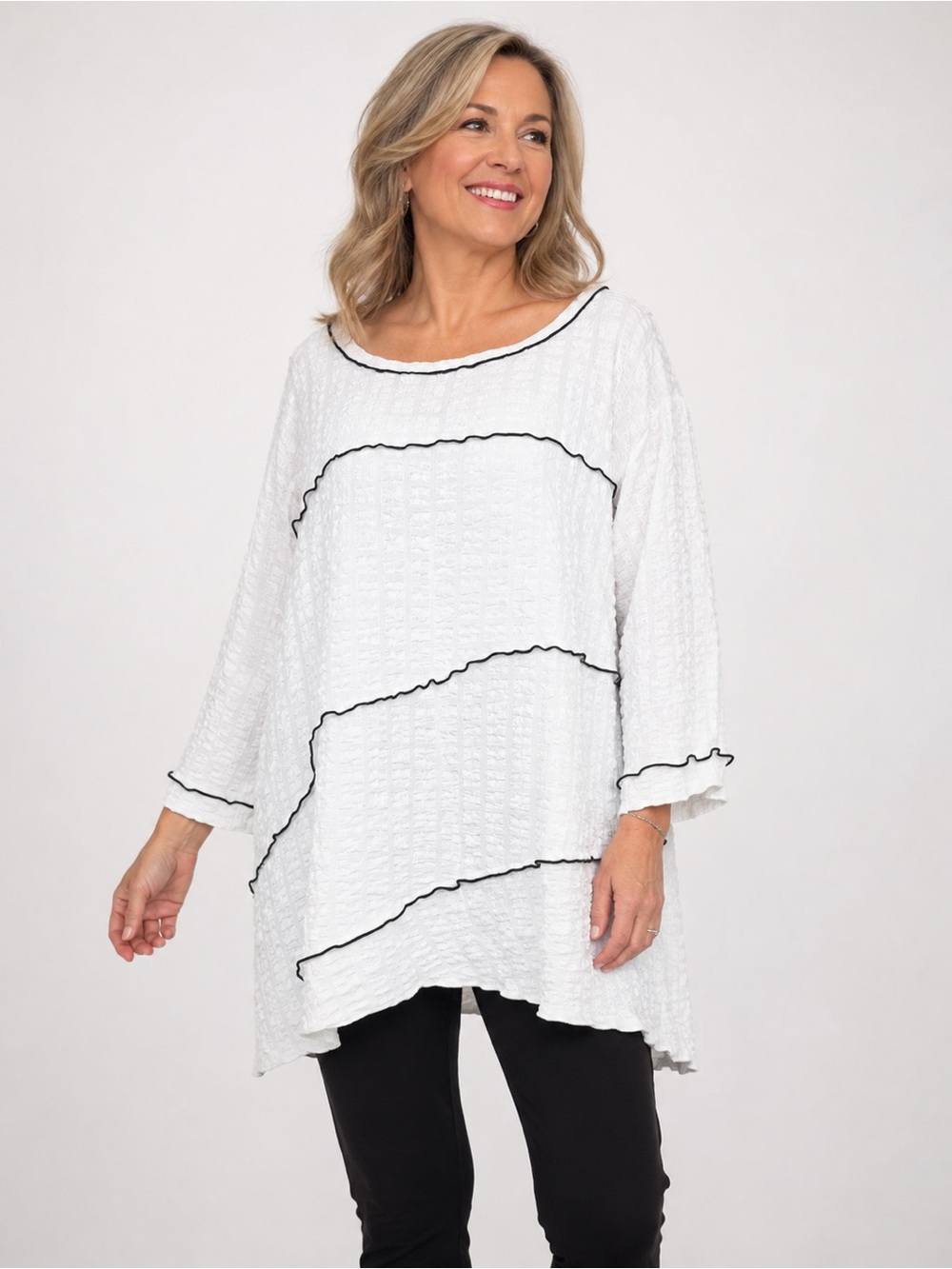 Ali Miles Blouse Women Size 2X White Black Abstract Art-to-wear Artsy Lagenlook